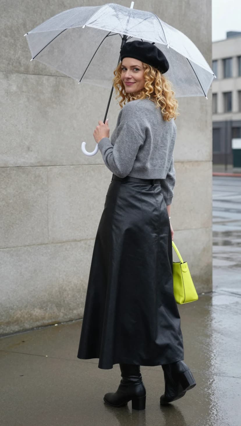 Grey Cashmere Sweater + Black Faux Leather Midi Skirt + Black Leather Ankle Boots