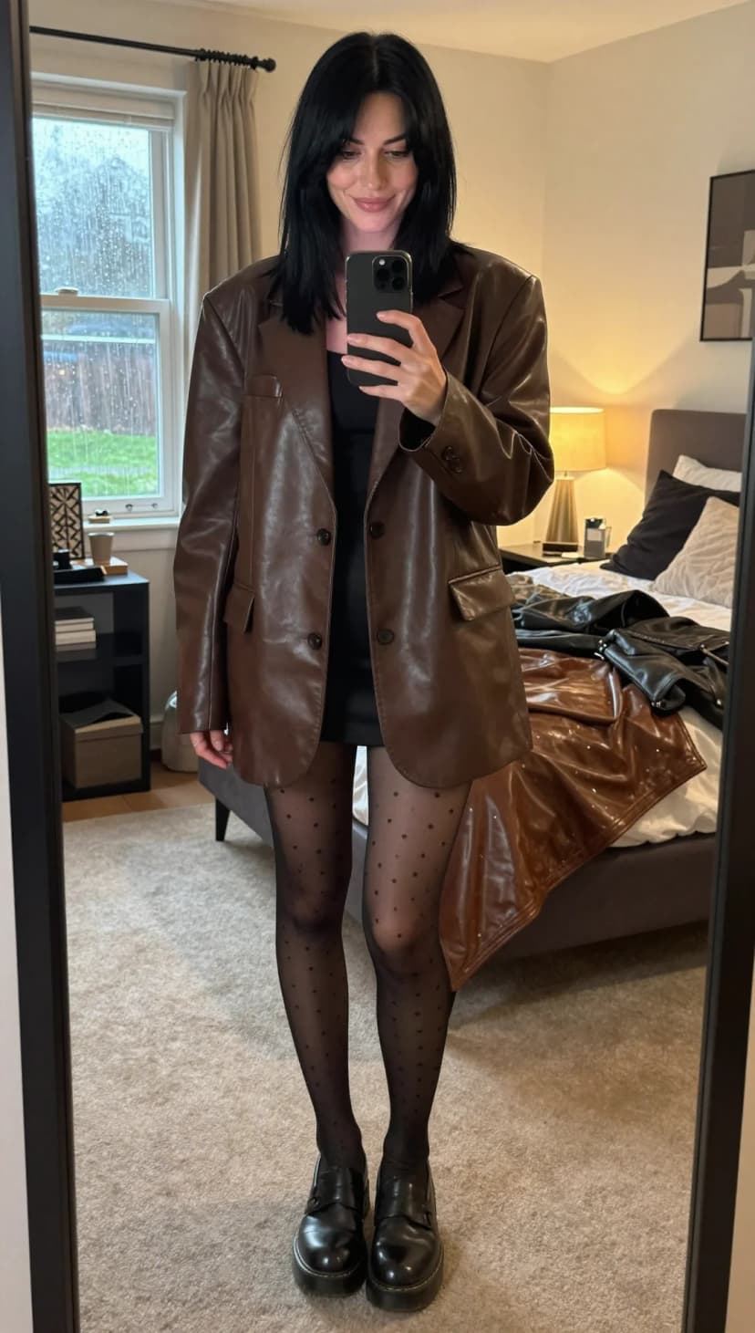 Black Faux Leather Oversized Blazer + Black Mini Slip Dress + Black Polka Dot Tights + Black Patent Leather Platform Loafers