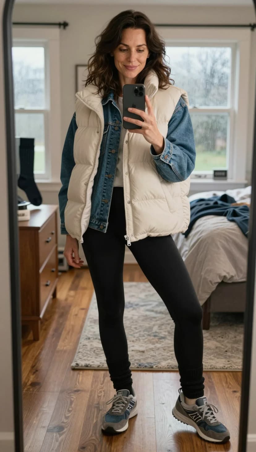 Grey Puffer Vest + Blue Denim Jacket + Black Leggings + Grey Ribbed Socks