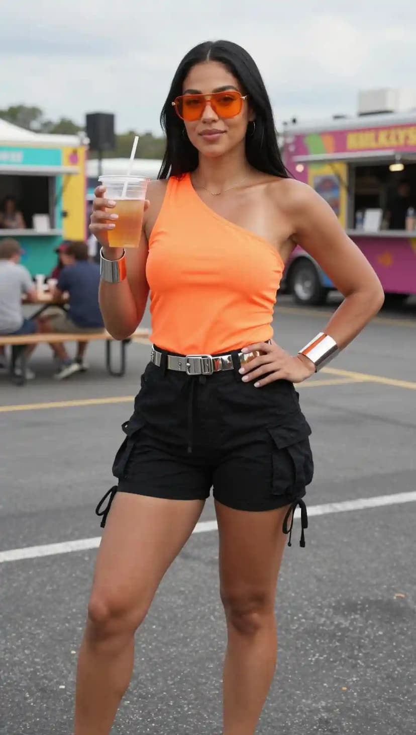 Orange Spandex One Shoulder Top + Black Cargo Shorts