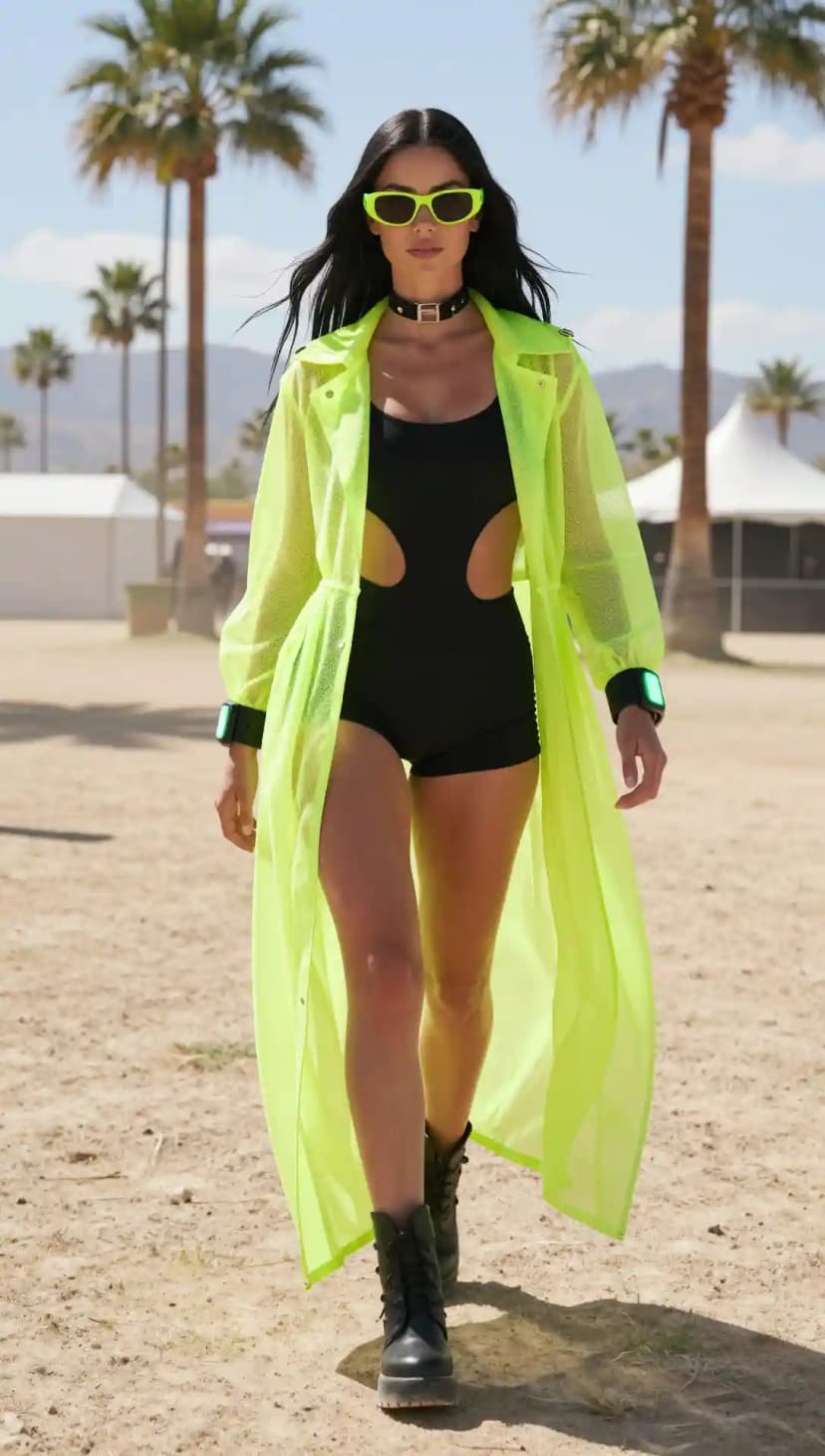 Black Swimsuit Bodysuit + Neon Yellow Mesh Duster Coat