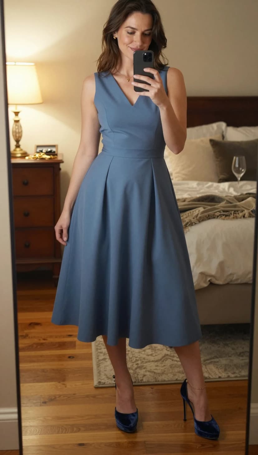 Blue Crepe Midi Dress + Navy Velvet Heels