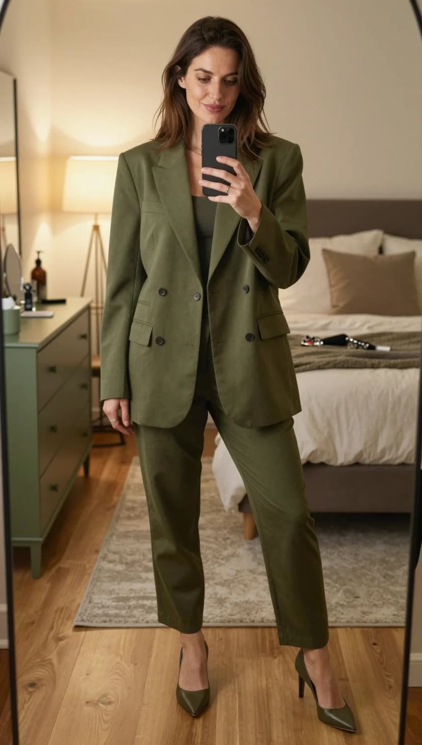 Olive Twill Double-Breasted Blazer + Olive Twill Trousers + Olive Tank Top + Olive Leather Heels