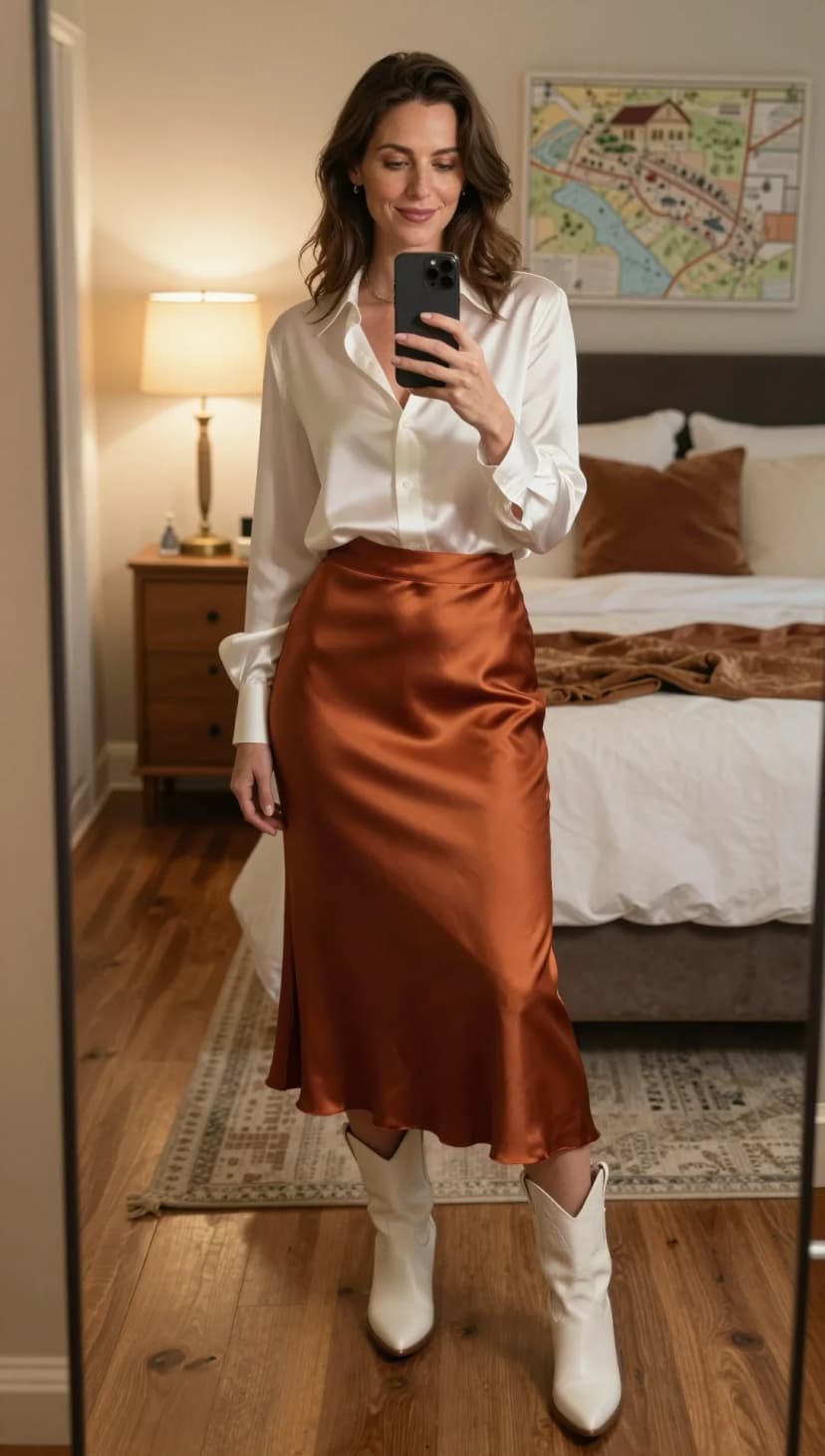 White Satin Button-Down + Copper Satin Midi Skirt + White Leather Boots