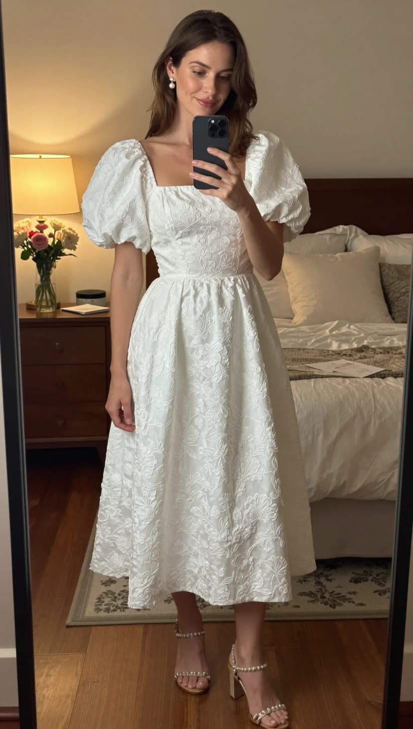 White Jacquard Midi Dress + Gold Embellished Heels