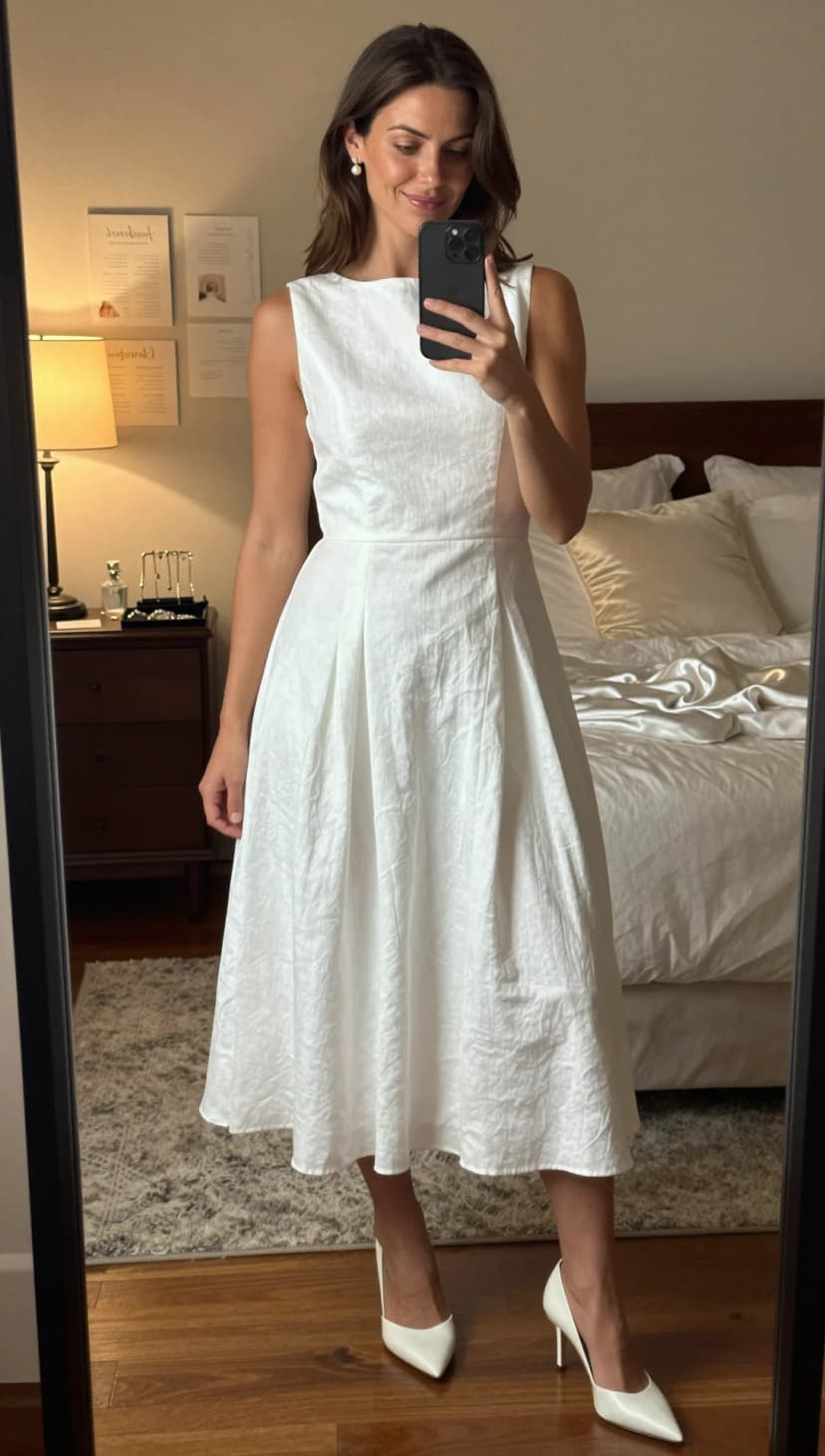 White Linen Midi Dress + White Pointed Heels