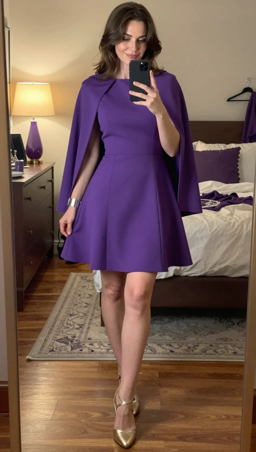 Purple Cape Dress + Gold Strappy Heels