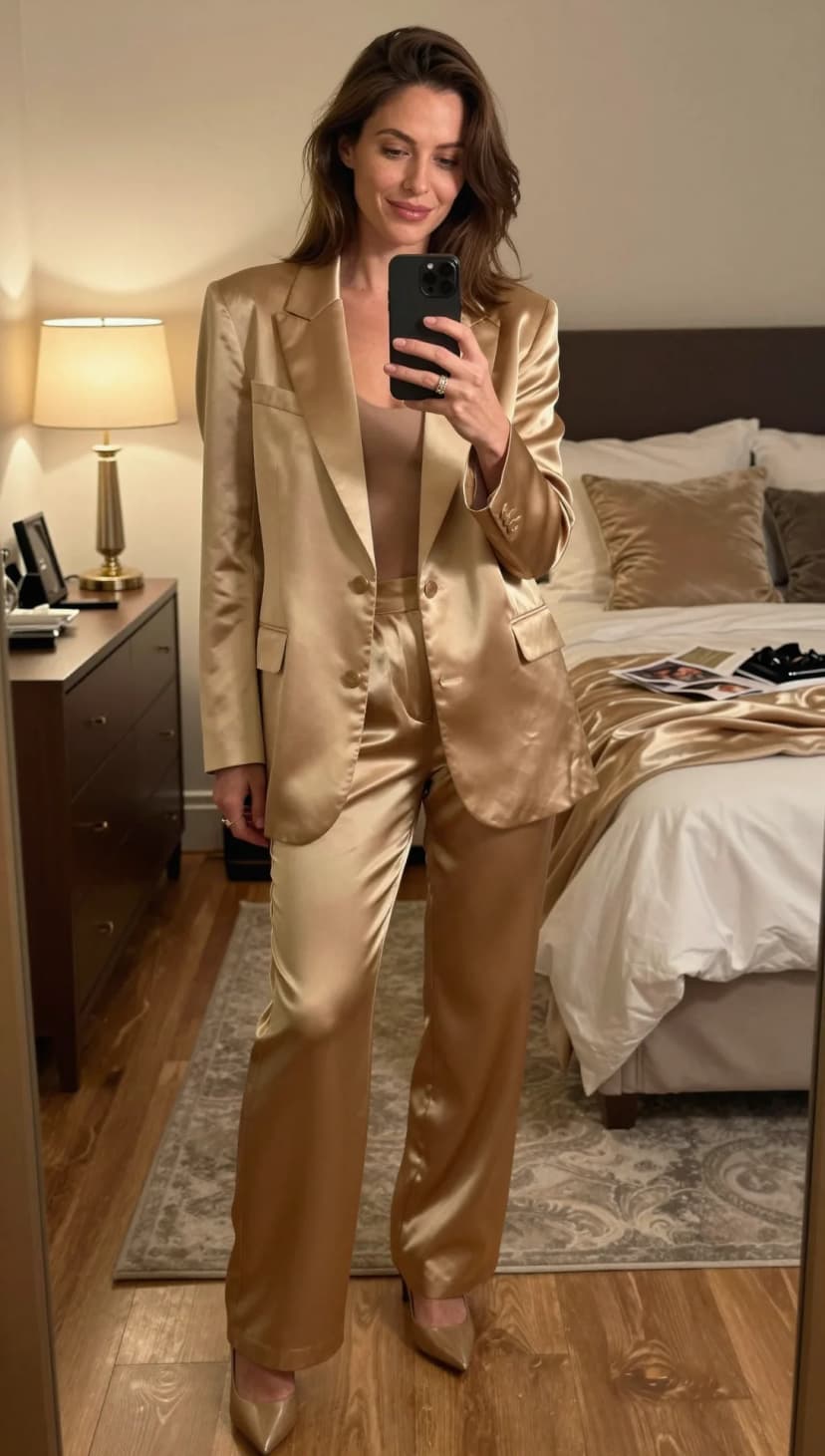Gold Satin Blazer + Gold Satin Wide-Leg Trousers + Nude Tank Top + Gold Pointed-Toe Heels