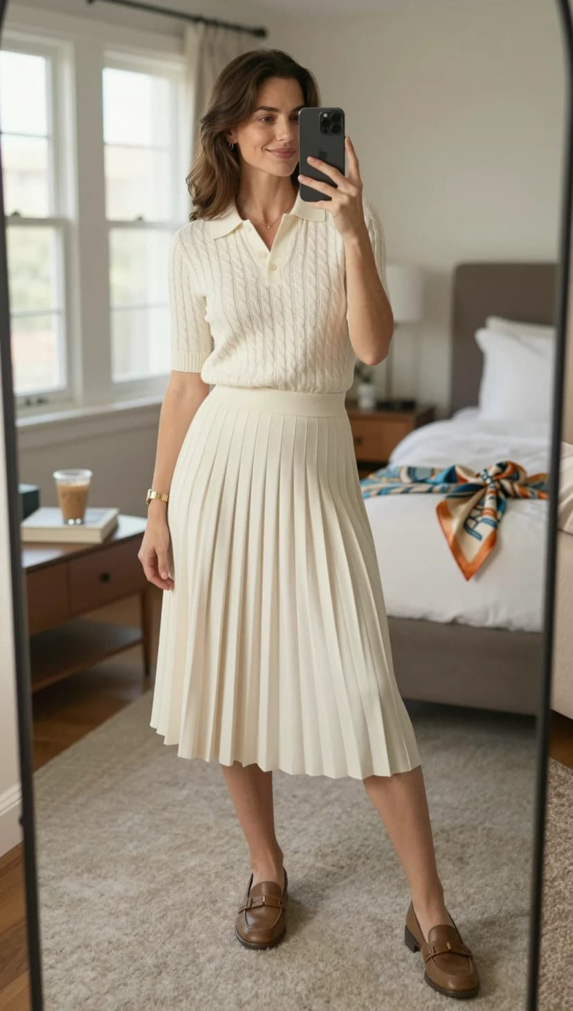 Cream Cable Knit Polo Top + Cream Pleated Midi Skirt + Brown Leather Loafers