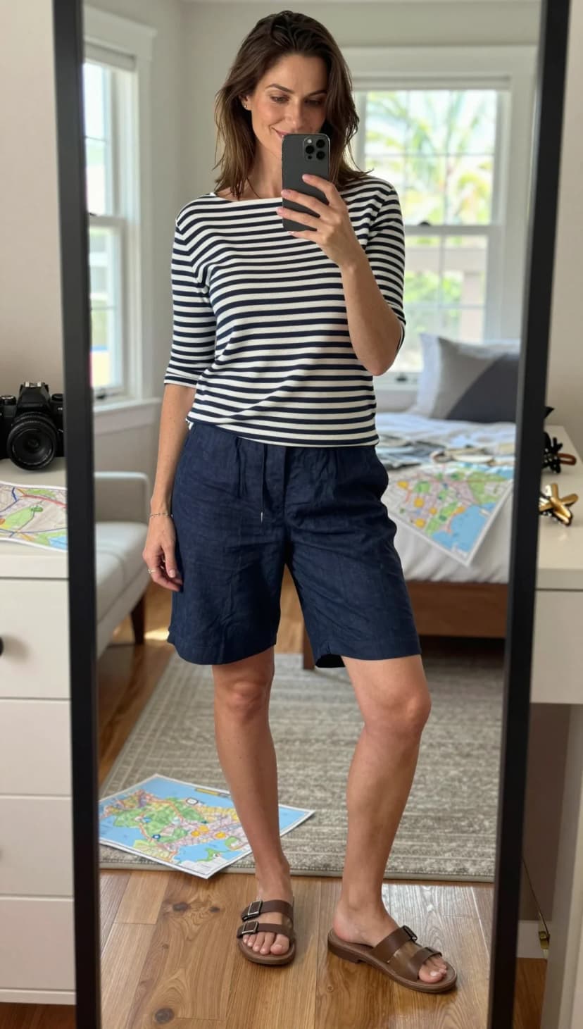 Navy and White Striped Cotton Boatneck Top + Navy Linen Blend Bermuda Shorts + Brown Leather Slides