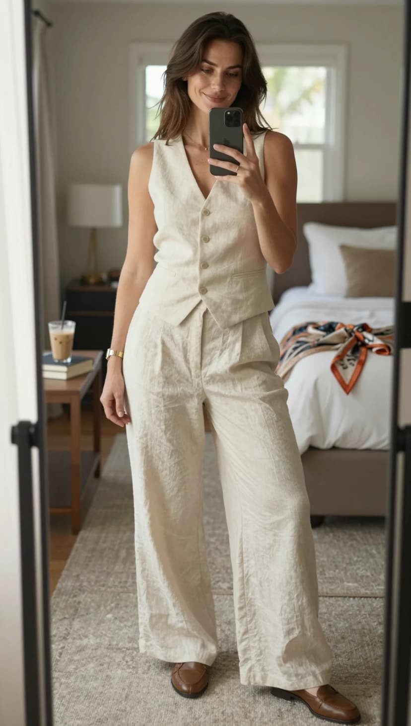 Cream Linen Vest + Cream Linen Wide-Leg Trousers + Brown Leather Loafers