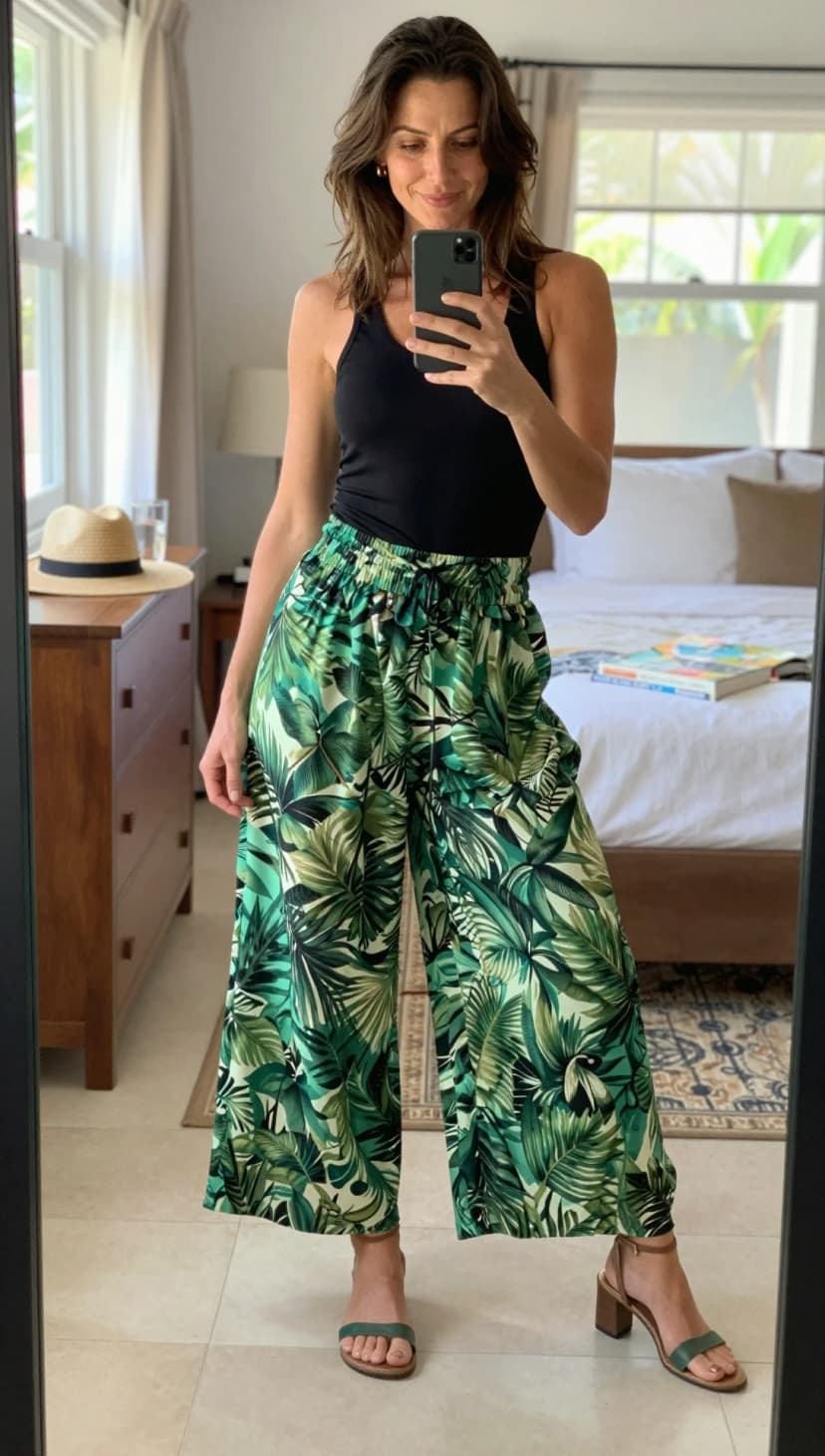Black Tank Top + Green Tropical Print Wide-Leg Pants + Green Block Heel Sandals