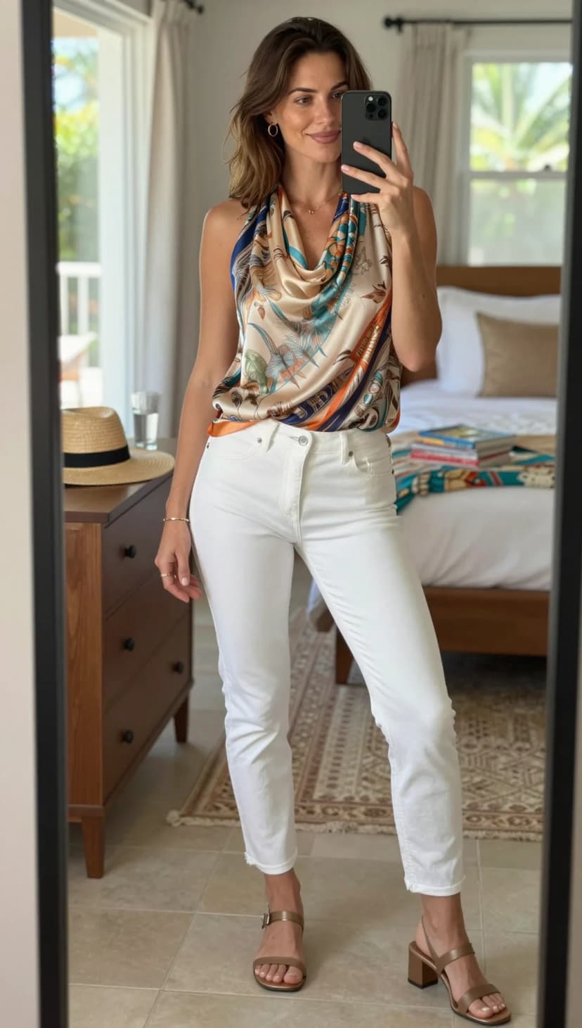 Multi-Color Silk Scarf Print Halter Top + White Cropped Straight Leg Jeans + Tan Block Heel Sandals