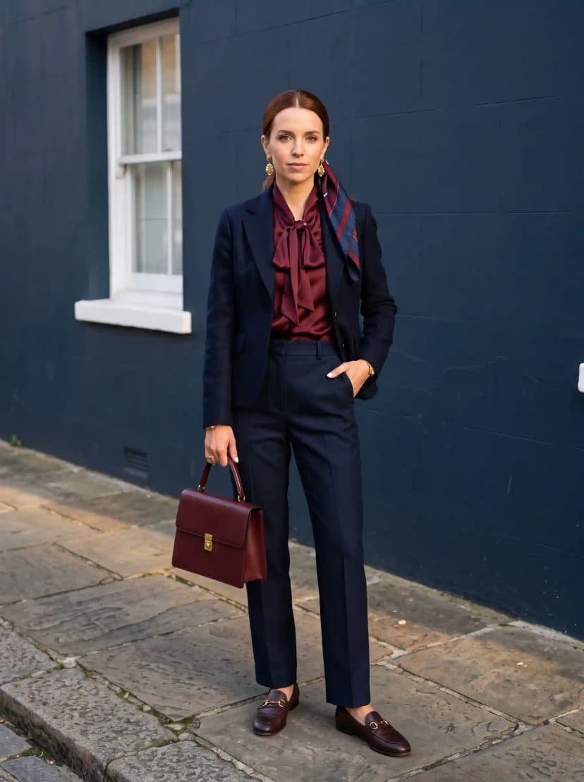 Navy blazer, burgundy silk pussy-bow blouse, navy tailored trousers, and brown loafers