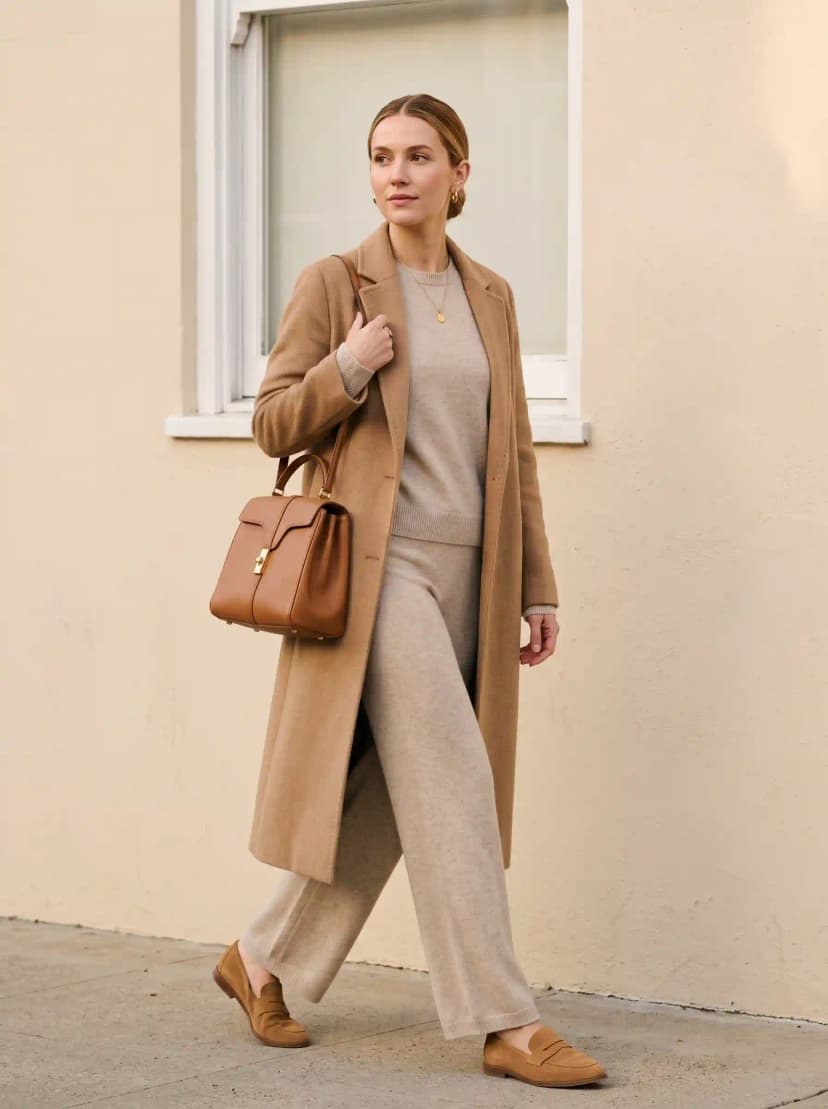 Camel longline coat, oatmeal crewneck sweater, oatmeal knit wide-leg trousers, and tan loafers