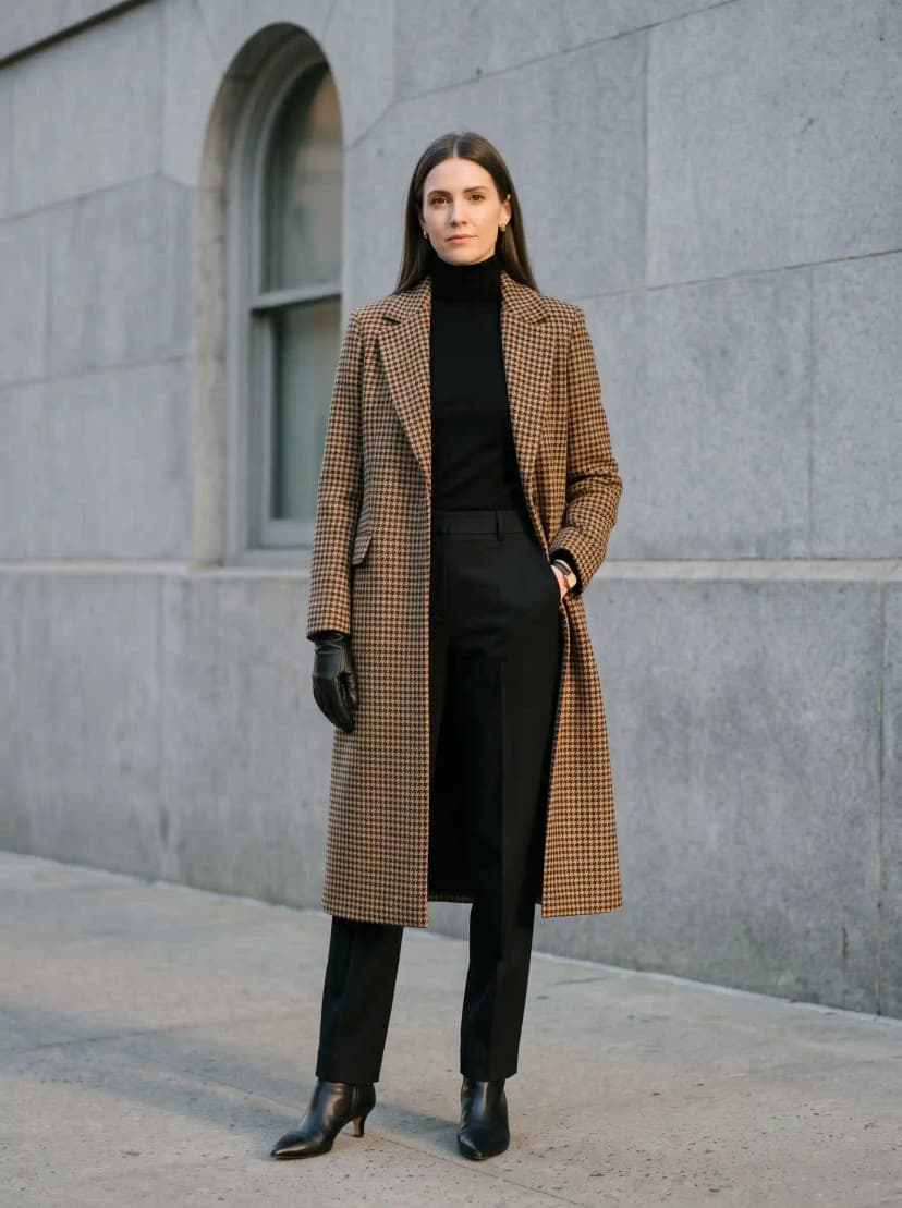 Brown and black houndstooth coat, black turtleneck, black tailored trousers, and black ankle boots