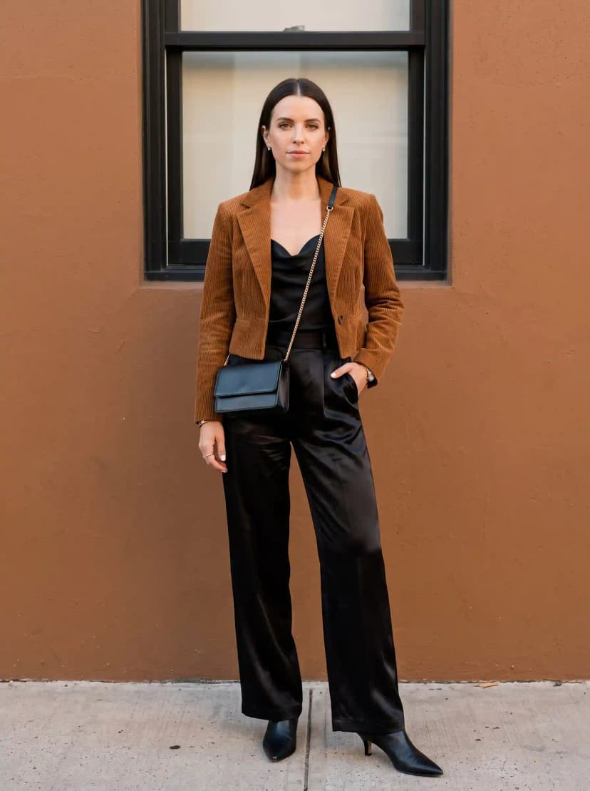 Cognac corduroy jacket, black satin camisole, black satin wide-leg trousers, and black ankle boots