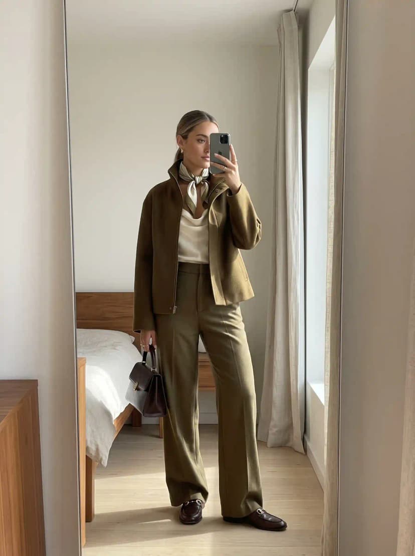 Olive cropped jacket, cream satin blouse, olive wide-leg trousers, and brown loafers