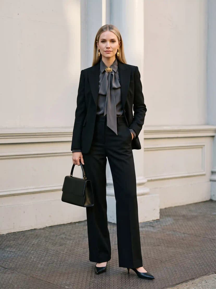 Black structured blazer, charcoal silk pussy-bow blouse, black wide-leg trousers, and black pumps