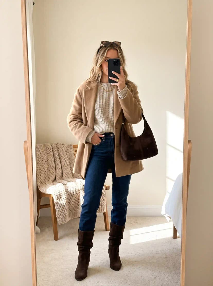 Camel mid-length coat, cream ribbed sweater, dark wash jeans, and brown suede boots