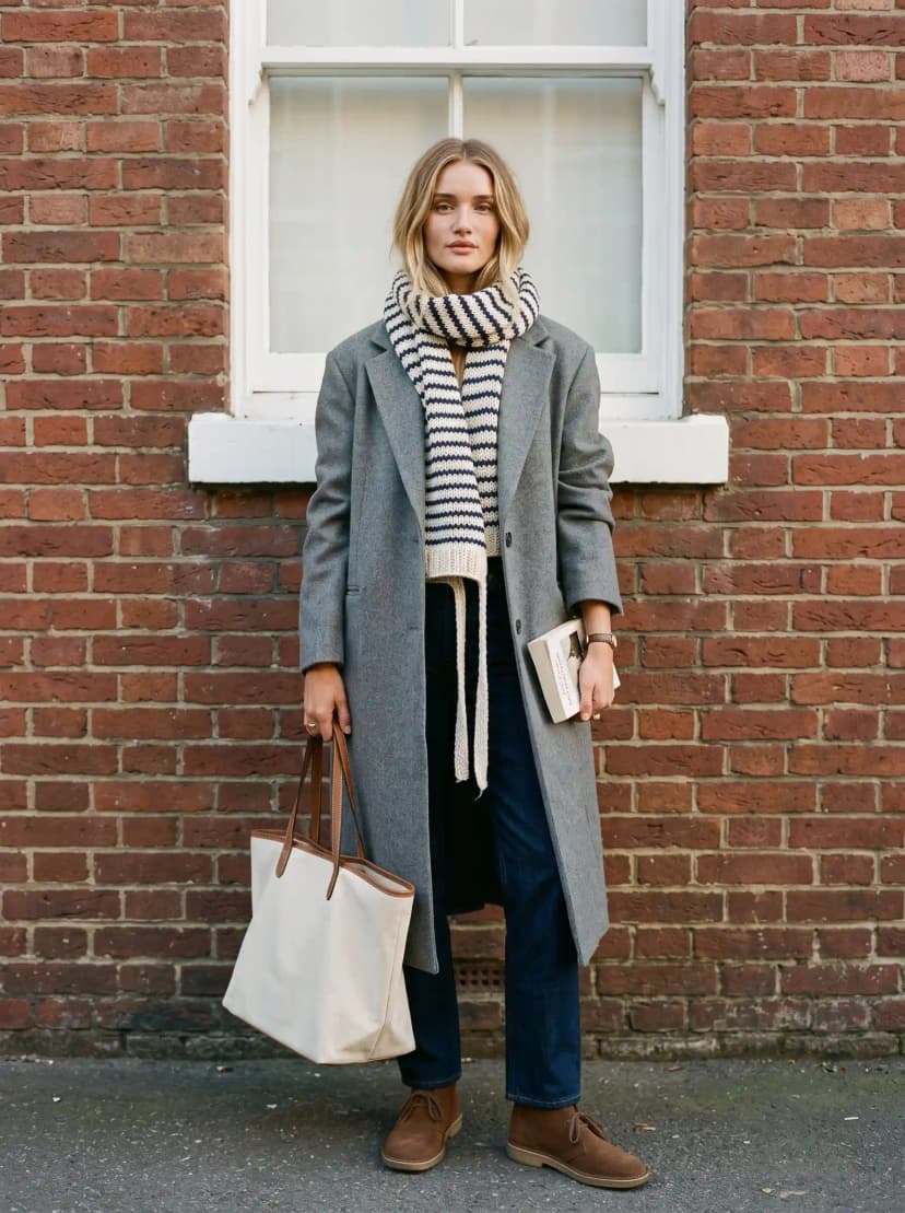 Gray wool longline coat, striped knit scarf, dark jeans, and brown suede boots