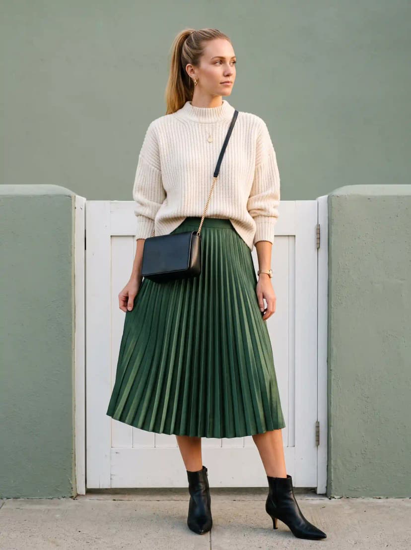 Cream ribbed turtleneck sweater, forest green pleated midi skirt, and black ankle boots