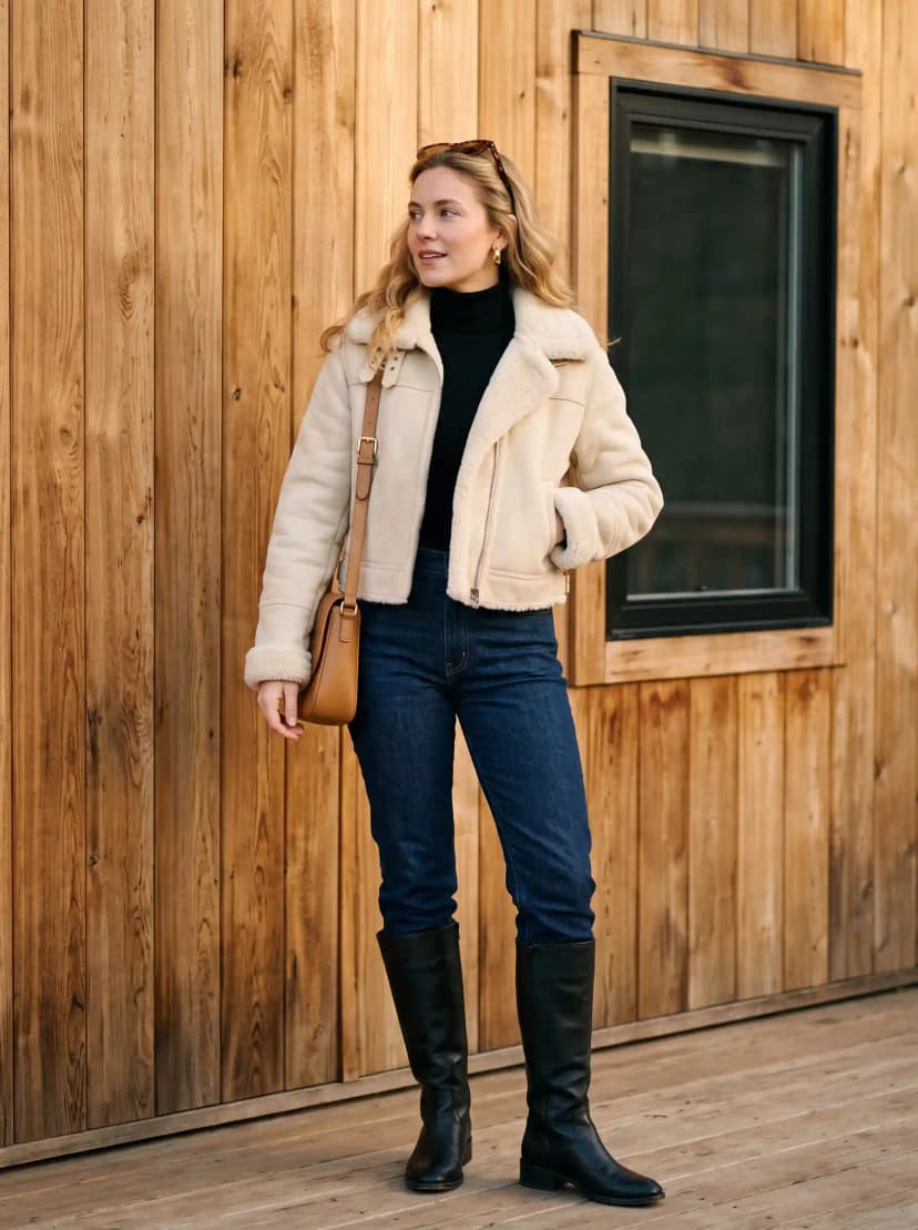 Cream shearling aviator jacket, black turtleneck, dark skinny jeans, and black knee-high boots