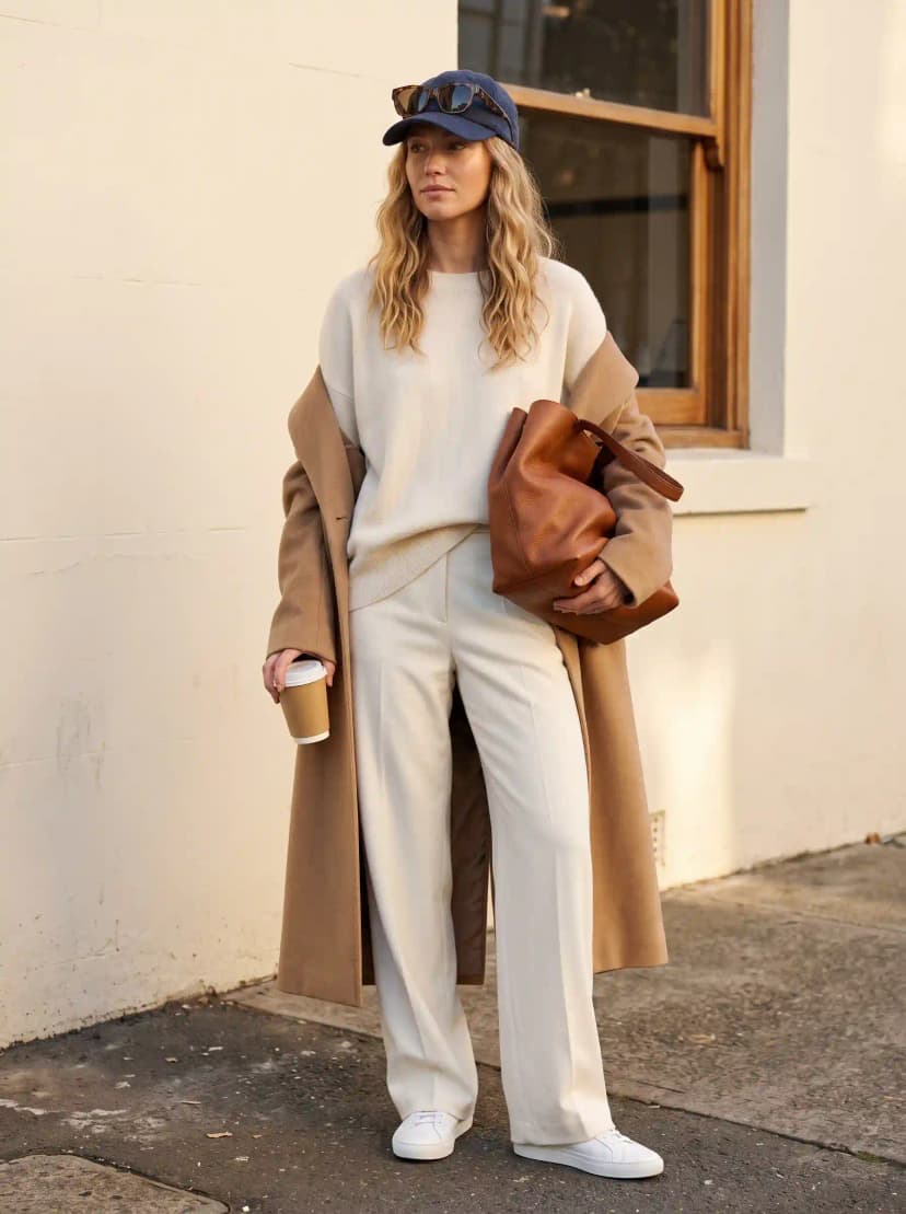 Camel longline coat, white crewneck sweater, cream wide-leg trousers, and white sneakers