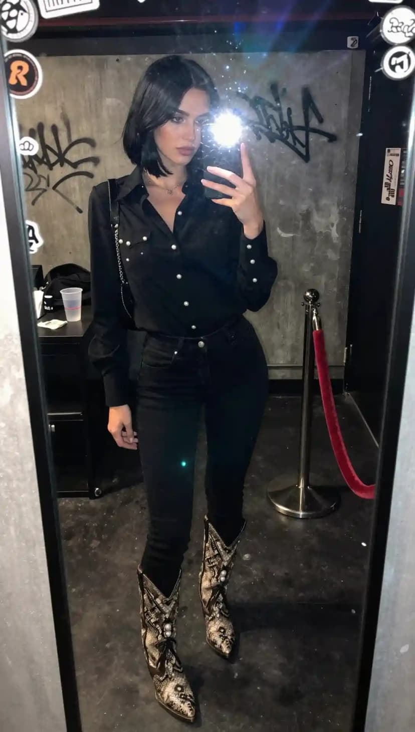 Black Satin Western Shirt + Black Skinny Jeans + Snakeskin Print Boots