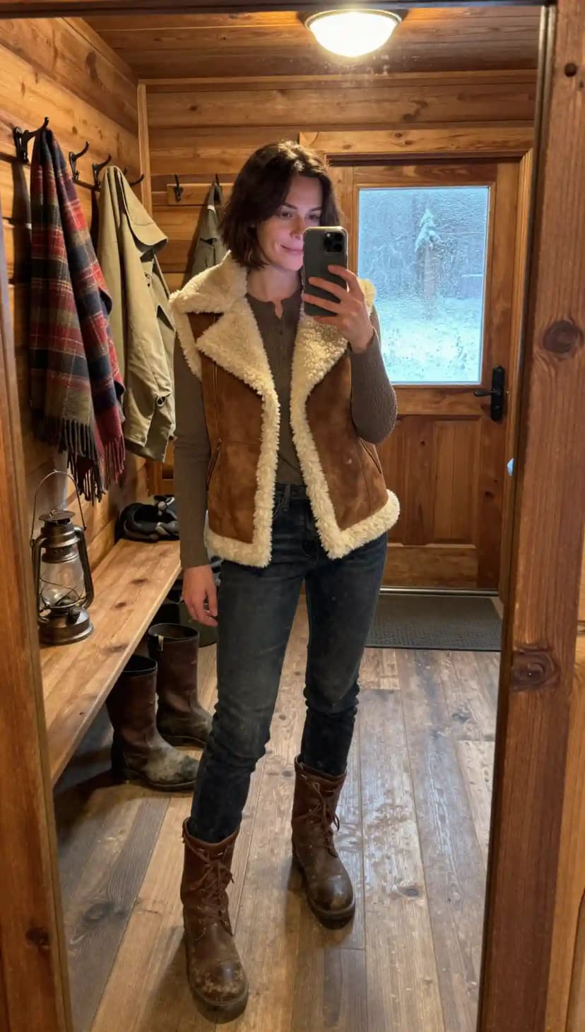 Brown Suede Shearling Vest + Olive Ribbed Henley + Black Denim Jeans + Brown Leather Boots