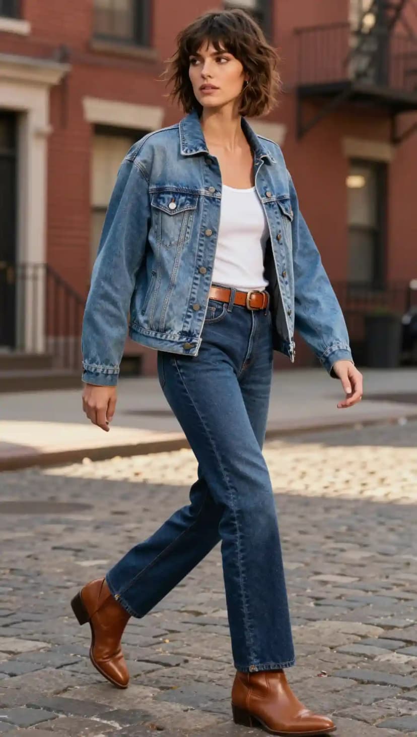 Blue Denim Jacket + White Cotton Tank Top + Blue Denim Jeans + Brown Leather Belt + Brown Leather Ankle Boots
