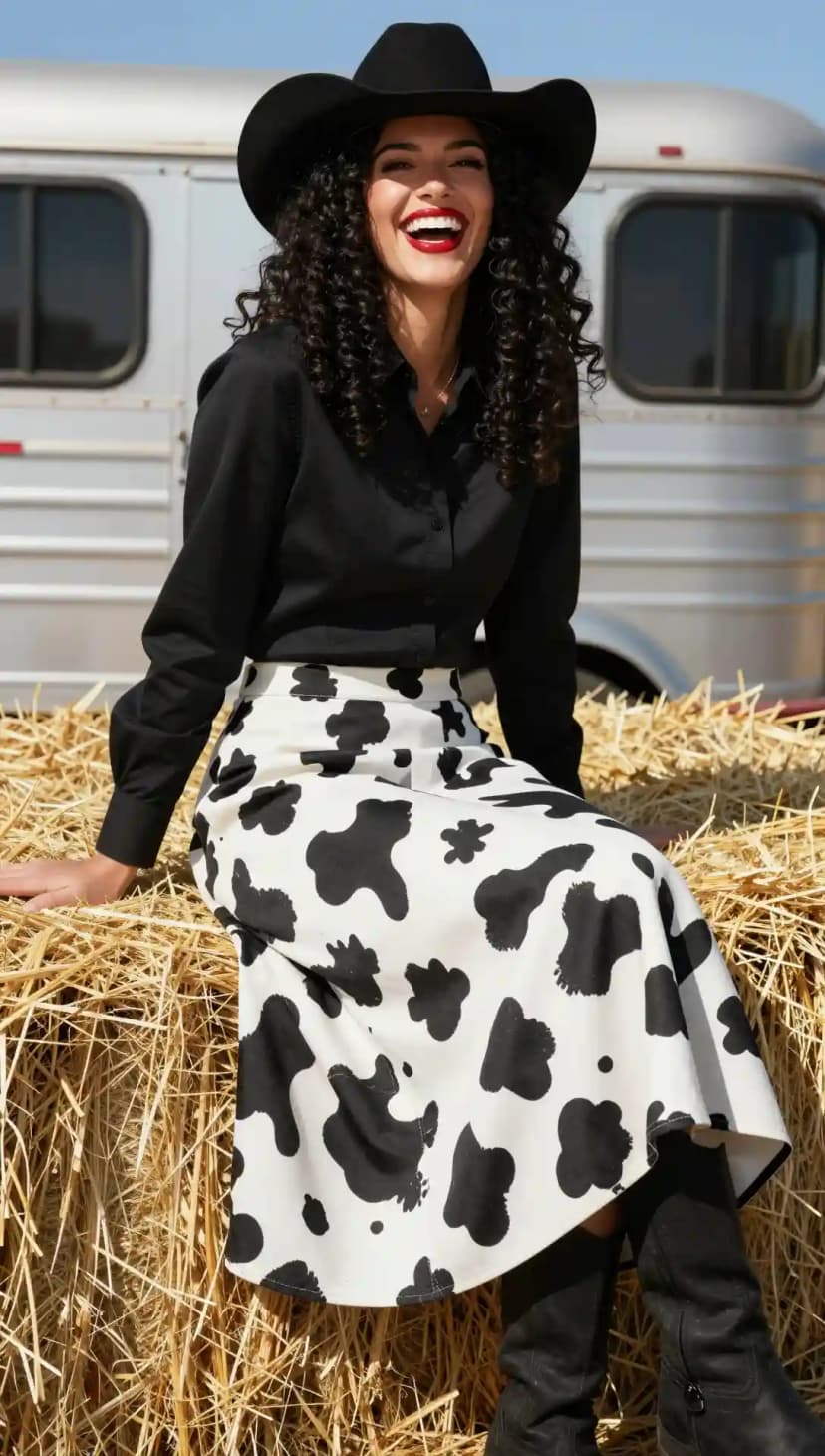 Woman smiling on hay bales in black shirt and specific cow print midi skirt