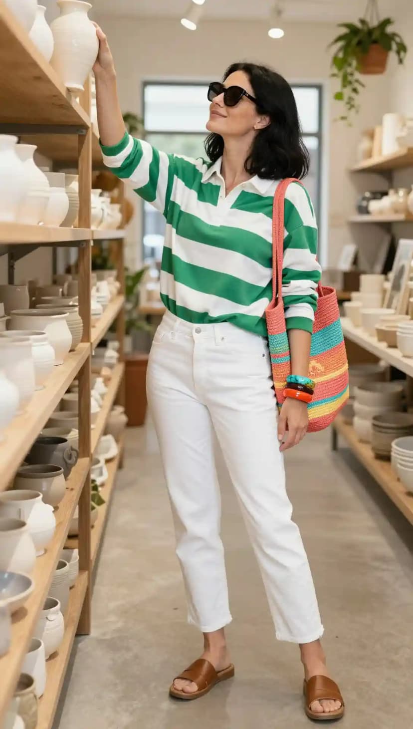 Green and White Striped Rugby Shirt + White Straight-Leg Jeans