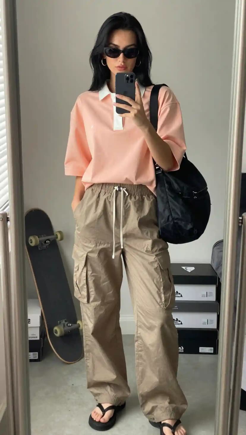 Pink Rugby Shirt + Khaki Cargo Pants