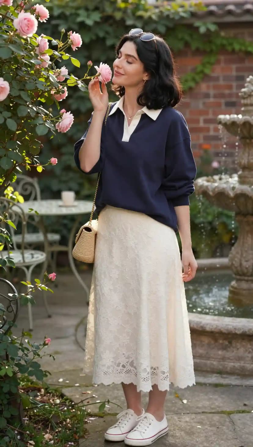 Navy Rugby Shirt + Cream Lace Midi Skirt