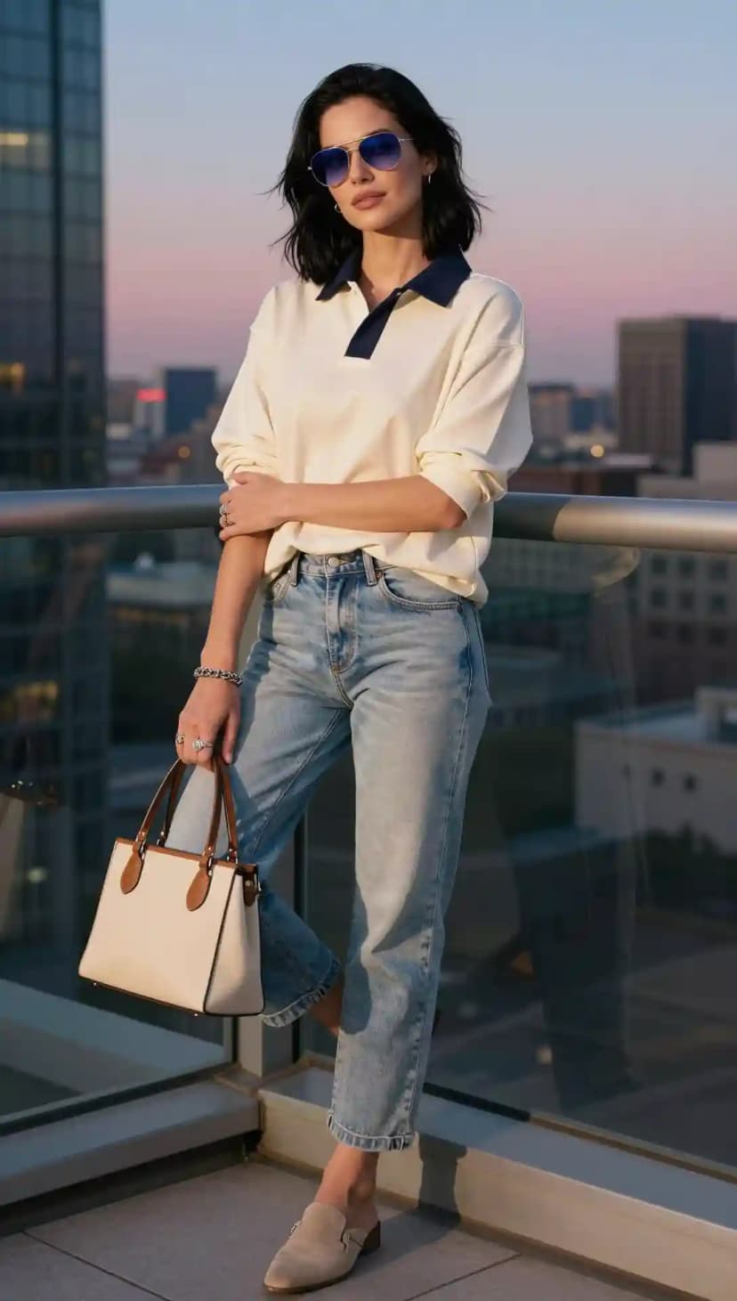 Cream Rugby Shirt with Navy Collar + Light Wash Straight-Leg Jeans