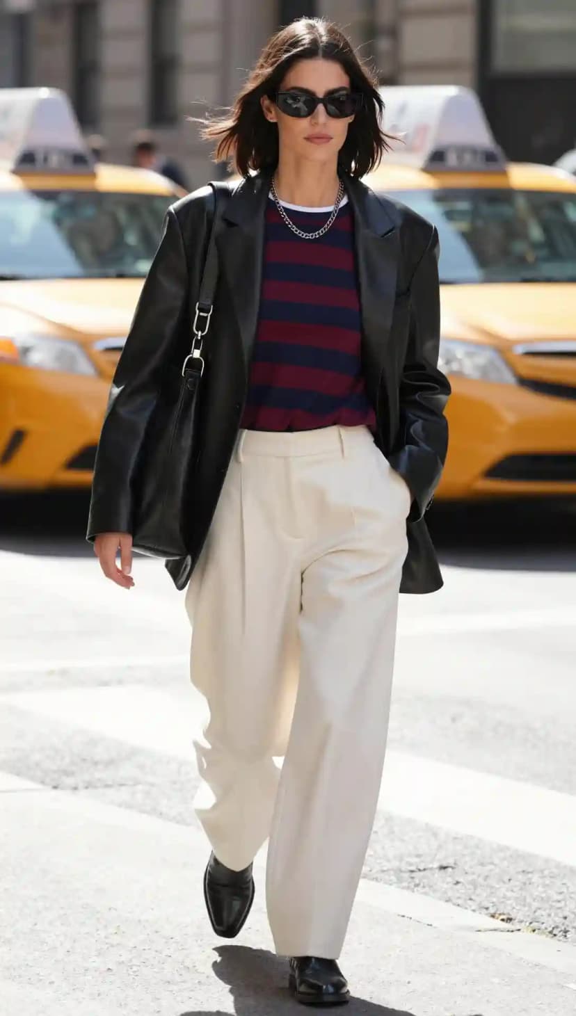 Navy and Burgundy Striped Rugby Shirt + Black Faux Leather Blazer + Cream Wide-Leg Trousers