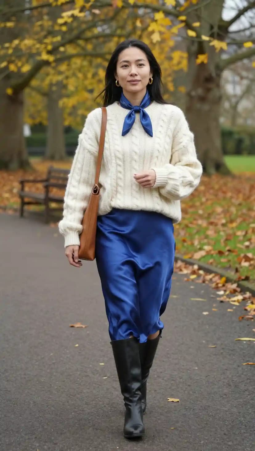 Cream Cable Knit Sweater + Royal Blue Satin Midi Skirt + Black Leather Boots