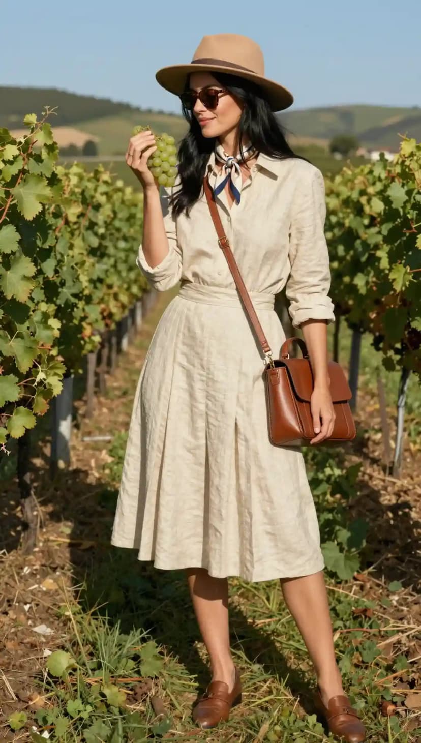 Beige Linen Shirt Dress + Brown Leather Loafers + Camel Fedora Hat