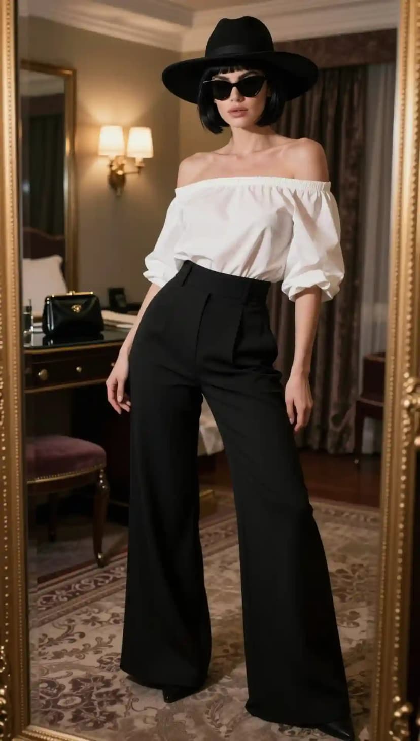 White Cotton Off-the-Shoulder Top + Black Wool Wide-Leg Trousers