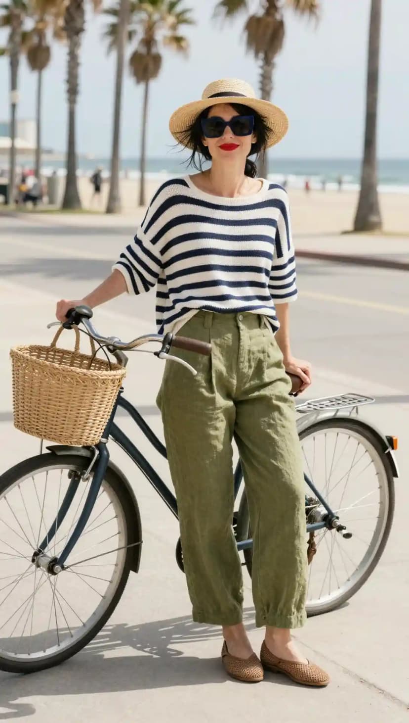 Navy and White Striped Knit Sweater + Olive Linen Wide-Leg Pants