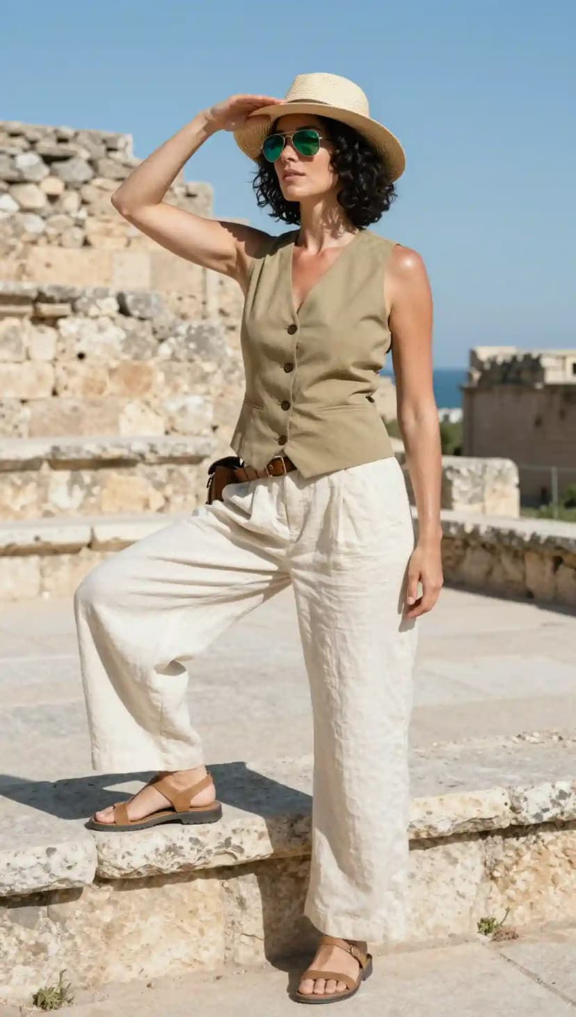 Khaki Linen Vest + Cream Linen Trousers + Brown Leather Belt