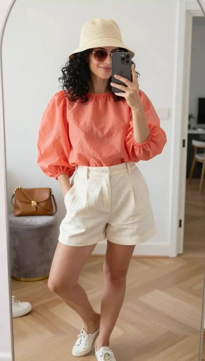 Coral Cotton Puff-Sleeve Top + Cream Linen Shorts + Beige Straw Hat