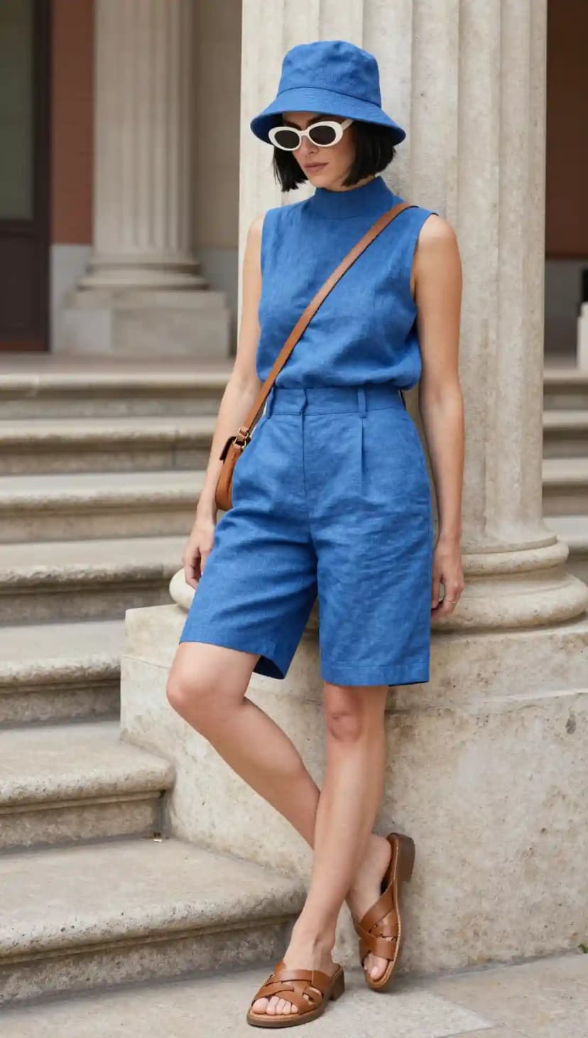 Blue Linen Sleeveless Mock Neck Top + Blue Linen Tailored Bermuda Shorts + Brown Leather Slides