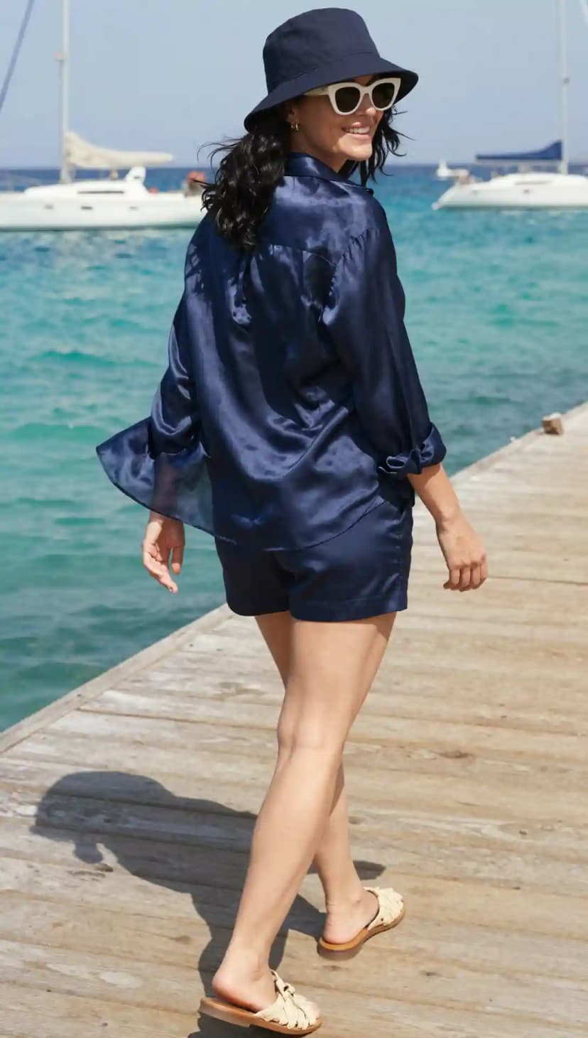 Navy Satin Button-Up Shirt + Navy Satin Shorts + Tan Woven Slides