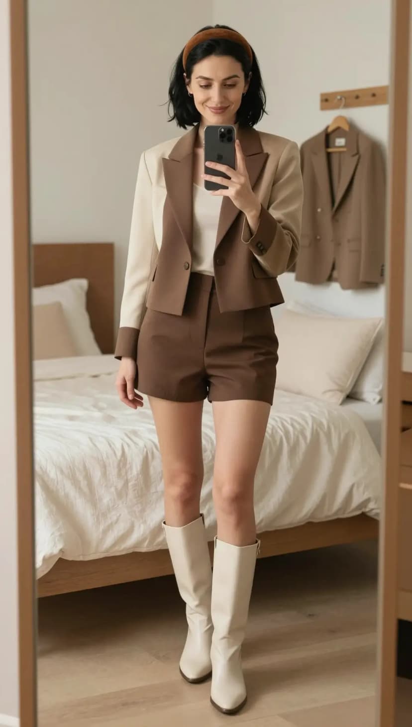 Cream Tank Top + Brown Cotton Shorts + Colorblock Blazer + Off-White Leather Boots