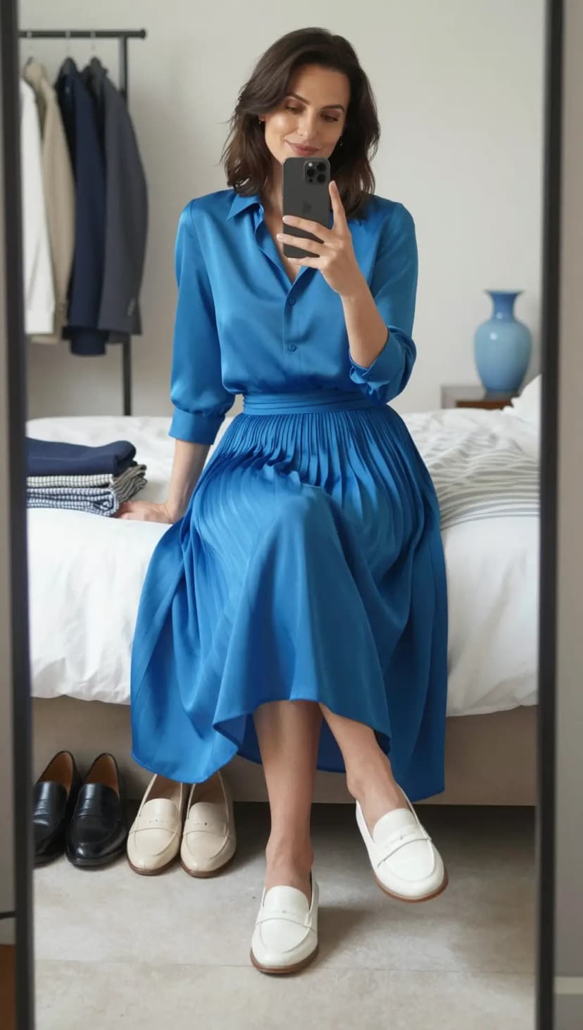 Cobalt Blue Satin Button-Up Shirt + Cobalt Blue Pleated Midi Skirt + White Leather Loafers