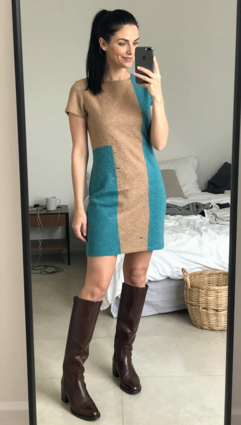 Camel and Teal Color Block Knit Dress + Dark Brown Leather Knee-High Boots