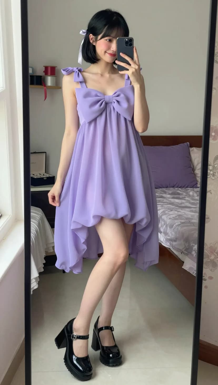Lavender Chiffon Bow Dress + Black Patent Mary Janes