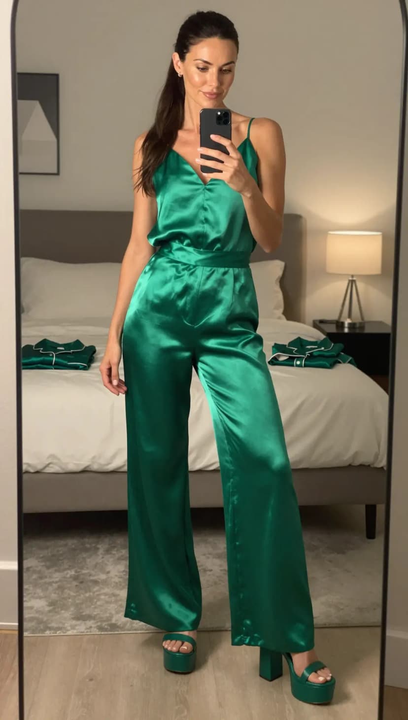 Emerald Green Satin Camisole + Emerald Green Satin Wide-Leg Trousers + Emerald Green Platform Heels
